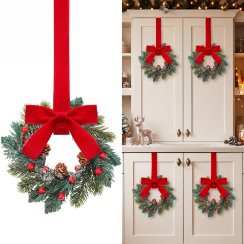 Knitgrip 4 Pcs Mini Christmas Wreaths with Red Bows & Pine Cones for Cabinets, Indoor Decor