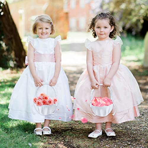 4-Piece White Satin Flower Girl Baskets with Pearl Bows for Weddings