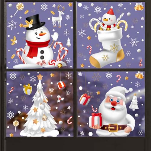 Christmas Window Clings Set - 8 Sheets Double-Sided Holiday Decorations with Santa, Snowman, Moose & Snowflake for Glass Doors & Windows