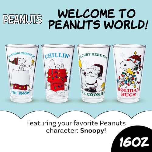 Peanuts Snoopy Holiday Pint Glass Set - 4pc 16oz Christmas Drinkware with Snoopy & Woodstock - Variation of Peanuts Snoopy Holiday