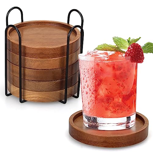 Acacia Wood Coaster Set of 6 with Holder - Farmhouse Drink Coasters