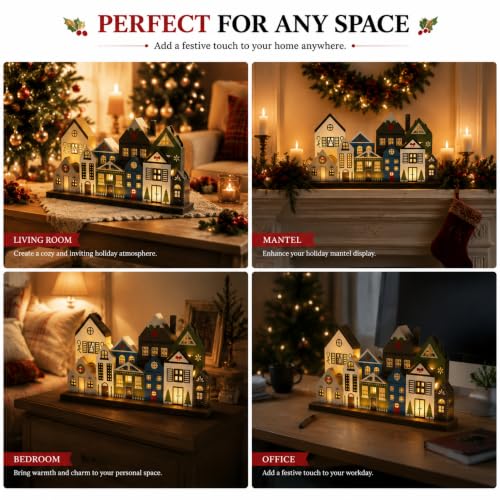 Lighted Wooden Christmas Village Houses - Rustic Tabletop Holiday Centerpiece