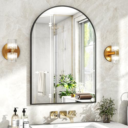 24x36 Arched Wall Mirror - Black Metal Frame Vanity Mirror for Bathroom