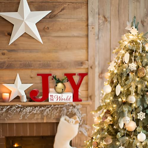 Joy to the World Wooden Christmas Decor Sign with Bell, Farmhouse Red