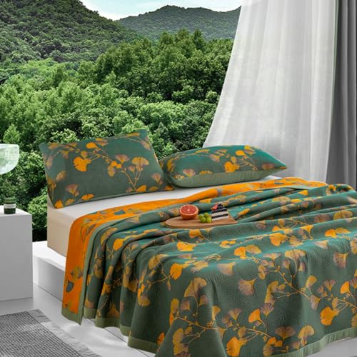 Reversible Ginkgo Quilt - Lightweight Cotton Muslin Bedspread, King Size