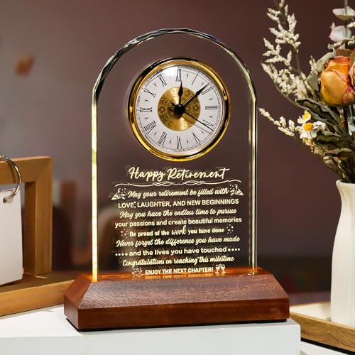 Retirement Glass Clock with Wooden Light Base - Keepsake Farewell Gift
