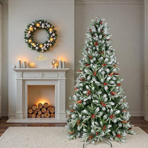 Trygoal 5FT Artificial Christmas Tree with Snow-Dusted Tips, Red Berries & Pine Cones, Pre-Decorated, Green, Hinged Stand