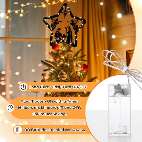 Percozzi Nativity Christmas Tree Topper Star with Lights & Timer - Holiday Decor