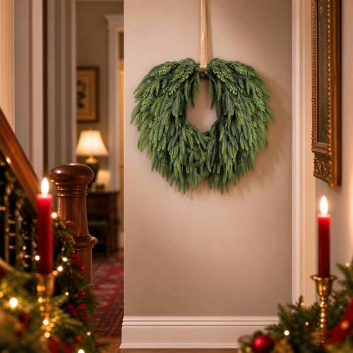 Christmas Wreath for Front Door - Artificial Norfolk Pine & Cedar, Green, 24 Inch