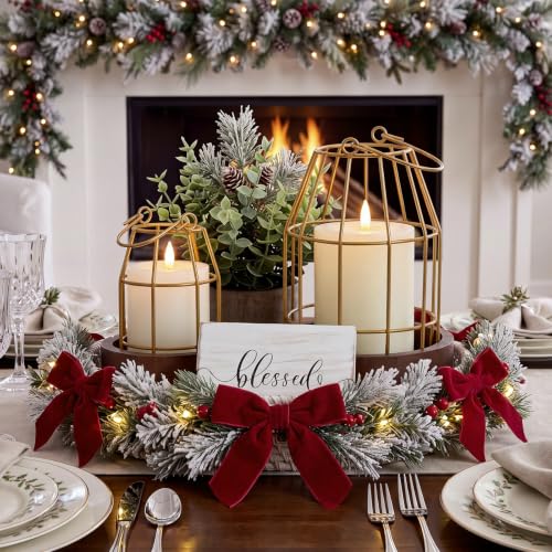 Modern Rustic Farmhouse Lantern Decor Set of 5 - Small, Gold & Burlywood, Includes Wooden Bases and Faux Eucalyptus