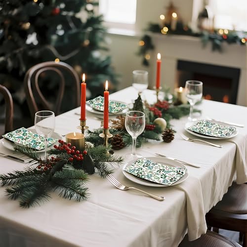 WRAPAHOLIC 50Pcs Christmas Paper Napkins, Holly & Red Berry 3-Ply