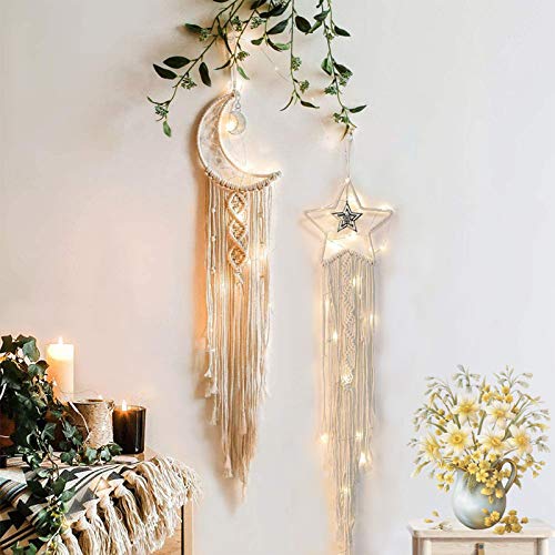2-Piece Moon and Star Macrame Dream Catcher Wall Hanging Decor