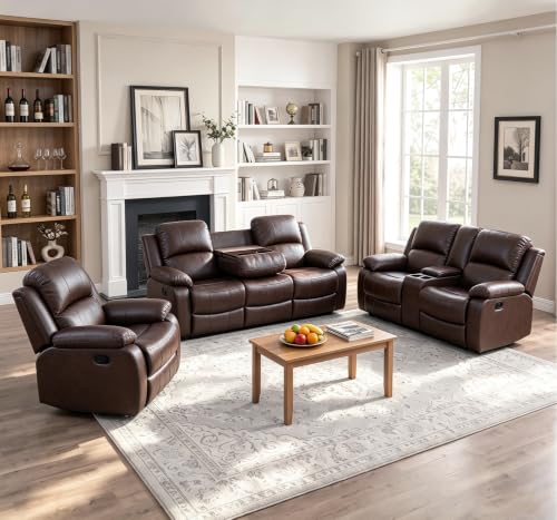3-Piece Leather Recliner Sofa Set with Storage and Cup Holders