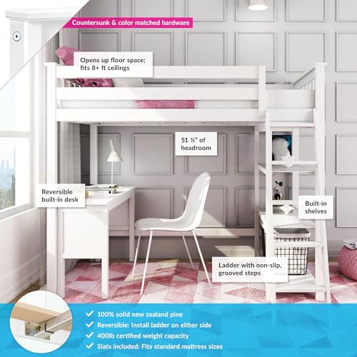 Twin High Loft Bed with Desk and Bookcase - Solid Pine Wood, White
