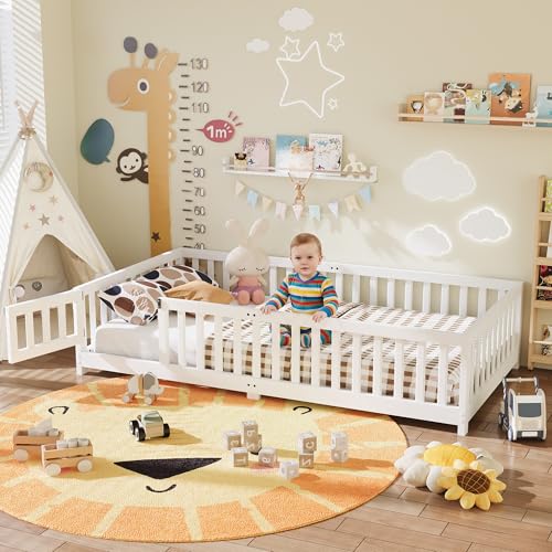 Twin Montessori Floor Bed Frame with Safety Rails and Door, White