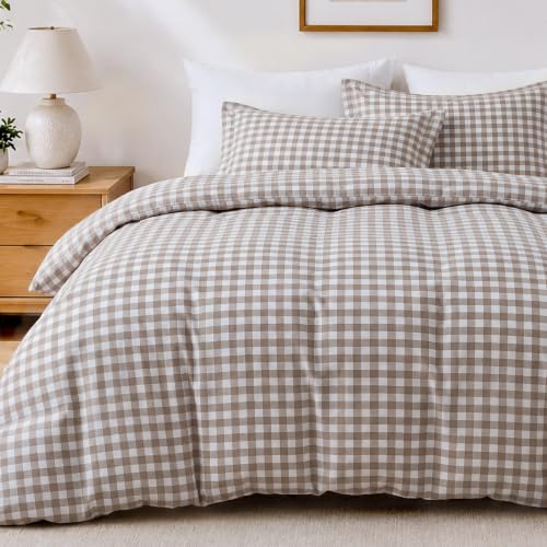 Brown Gingham Duvet Cover Set Queen Size - Soft Microfiber Bedding