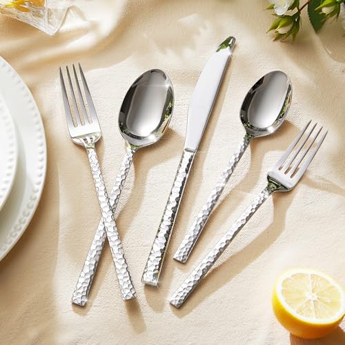 40-Piece Hammered Stainless Steel Flatware Set for 8 - Mirror Polished