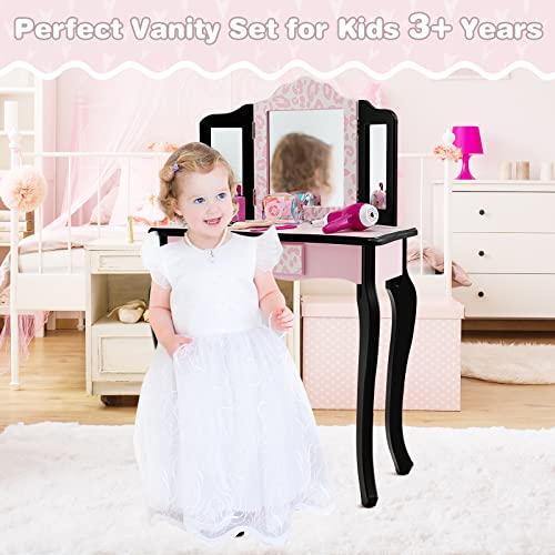 Kids Vanity Set with Tri-Folding Mirror and Stool, Pink Leopard Print