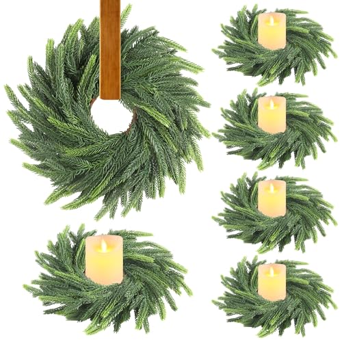 Aneco Brown 6pcs Christmas Candle Ring Wreath with Ribbon 6-Inch Artificial Norfolk Green Pine Home Decor