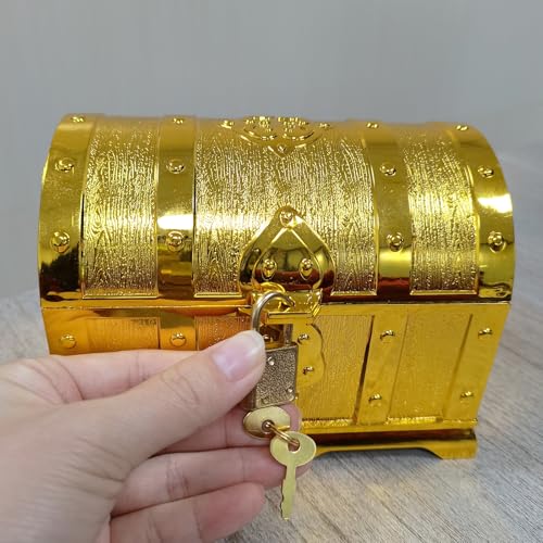 Kids Pirate Treasure Chest with Lock and Key - Gold Plastic Storage Box