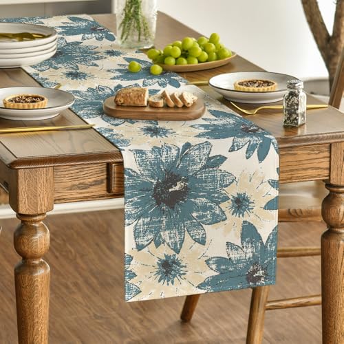 Artoid Mode Blue Retro Daisy Spring Table Runner 13x72 Inch Home Decor