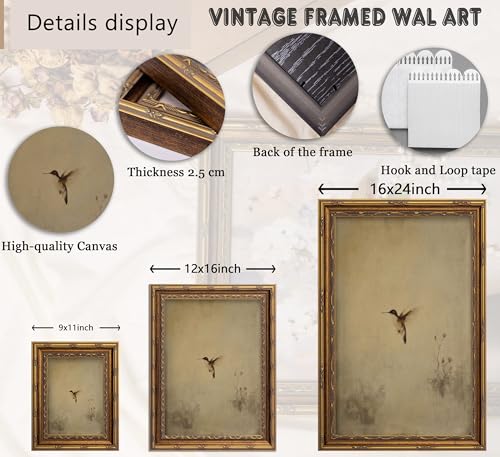 Vintage Gold Framed Hummingbird Canvas Wall Art Rustic Bird Painting