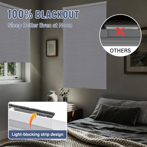 Cordless Blackout Cellular Shades, 34" W x 48" H, White - No Drill Honeycomb Blinds