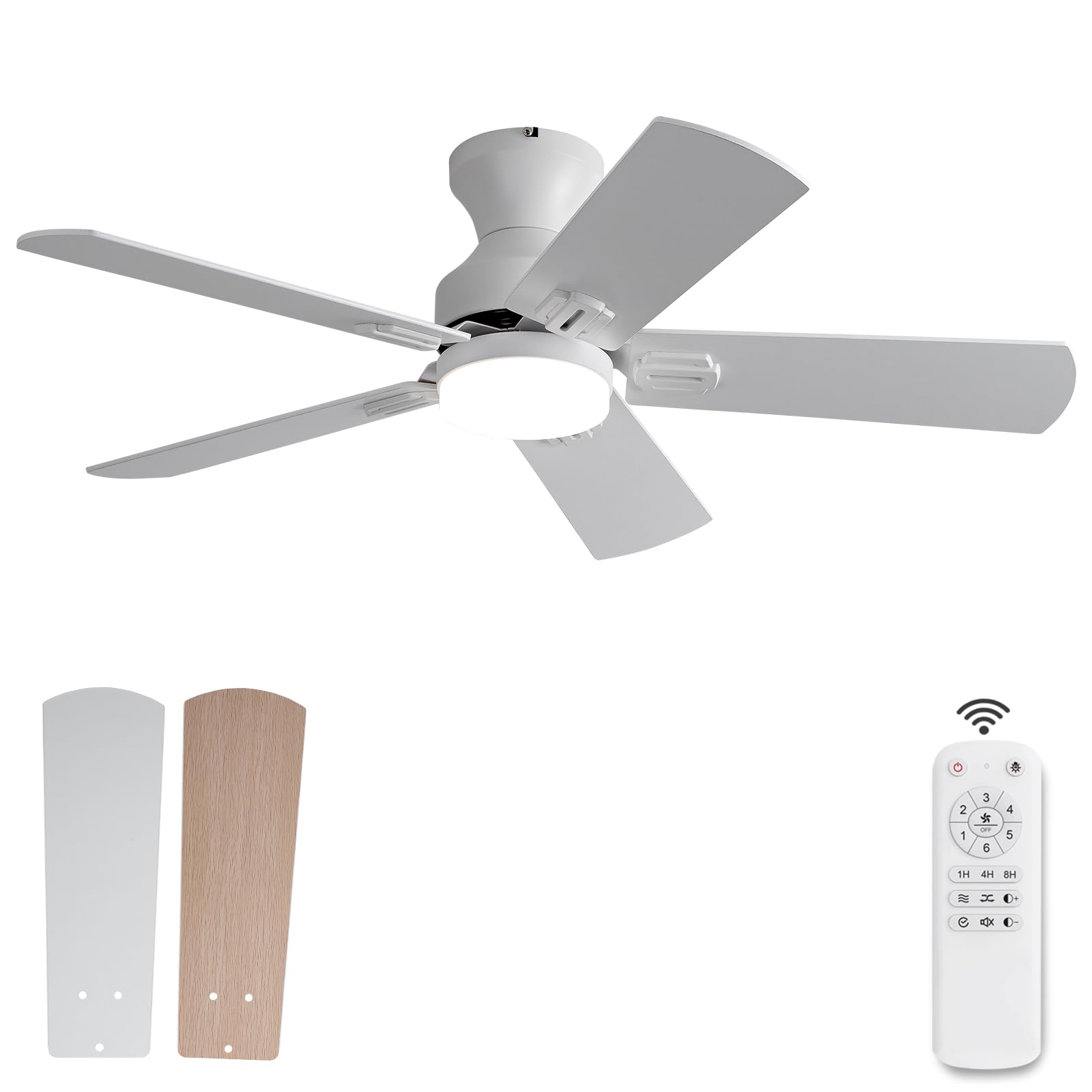 KENSID 42 Inch White Ceiling Fans with Lights and Remote,Low Profile Flush Mount Modern Ceiling Fan with Light, 5 Blades,Dimmable LED Light,6 Speed DC Motor,Indoor Outdoor Ceiling Fan for Bedroom