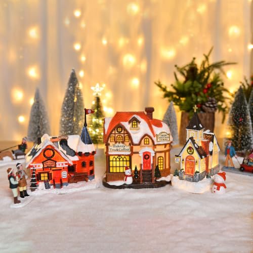 Lighted Christmas Village Sets 3 Resin Houses with LED Lights, Holiday Decor