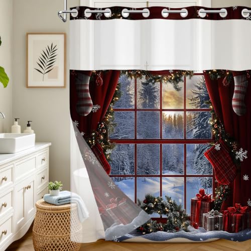 LB No Hook Red Christmas Shower Curtain with Fabric Liner Set - Rustic Holiday Decor