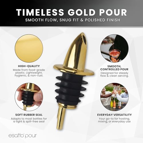 Esatto Gold Plastic Bottle Pourers 12 Pack - High-Speed Liquor & Syrup Spouts