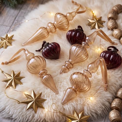 Sonwyoung Light Brown Vintage Glass Finial Christmas Ornaments 12 Pcs