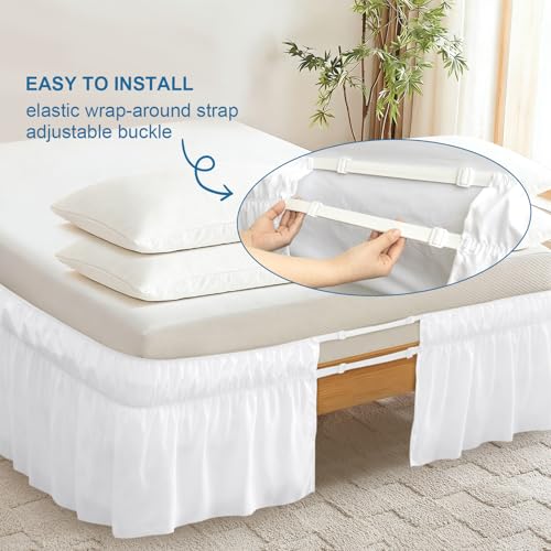 Queen Wrap-Around Bed Skirt with Elastic Strap - 16 Inch Drop Ruffle White