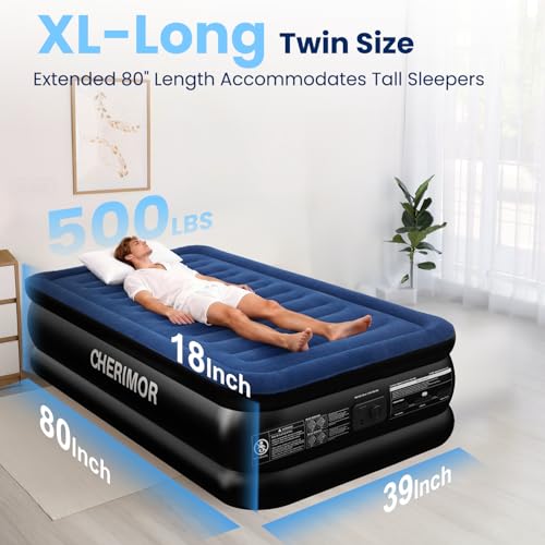 Twin XL Air Mattress with Built-in Pump, 80" Length, 18" Raised Comfort