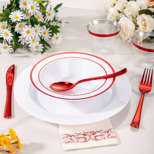 Goodluck 50 Pack Red Rim Plastic Bowls - Disposable 12oz Party & Dinnerware