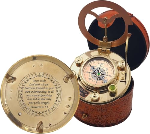 Engraved Brass Sundial Compass with Leather Box - Scripture Gift