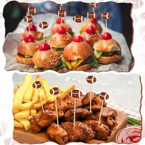 KINYFY Football 3D Cocktail Picks - 100 Long Bamboo Toothpicks for Party Decorations