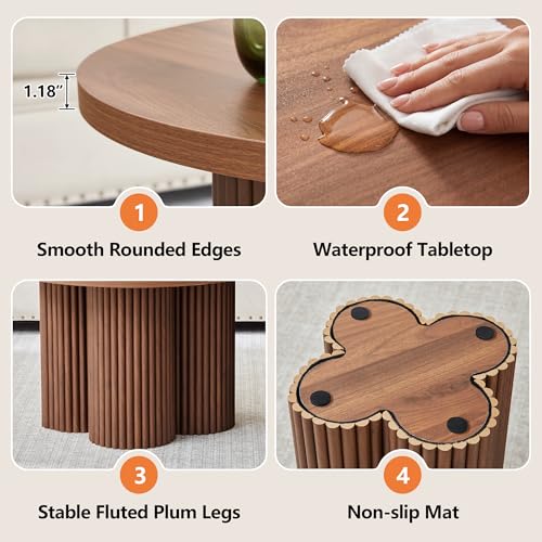 Round Nesting Coffee Table Set of 2, Fluted Wooden Tables for Small Spaces