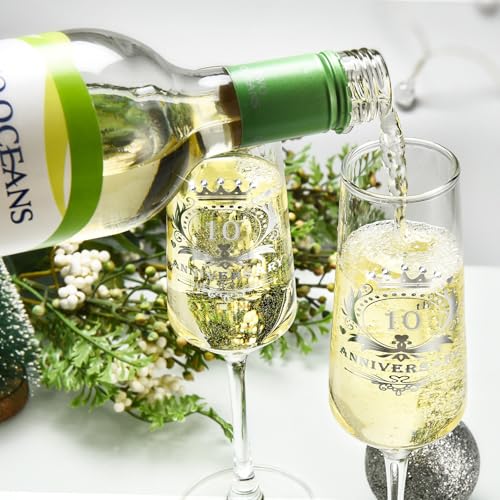10th Anniversary Champagne Flutes Set of 2 - Elegant Hand-Blown Crystal Glasses, 7 OZ