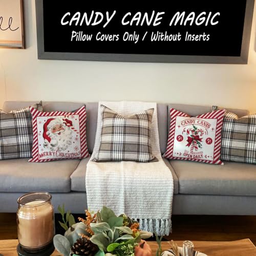 Christmas Throw Pillow Covers 20x20 Set of 2, Santa Claus & Candy Cane - Red Outdoor Indoor