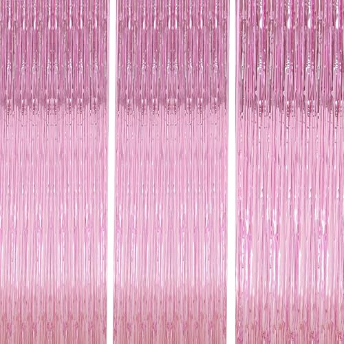 Pink Foil Fringe Curtain Backdrop (3-Pack) - 3.3 x 9.9 ft Tinsel Streamers