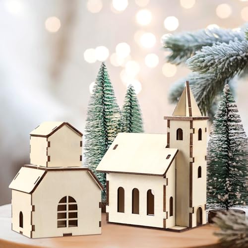 Hiboom 24 Pcs DIY Christmas Village Sets – Church/12Pcs 4 Styles Wood Rustic Mini Houses