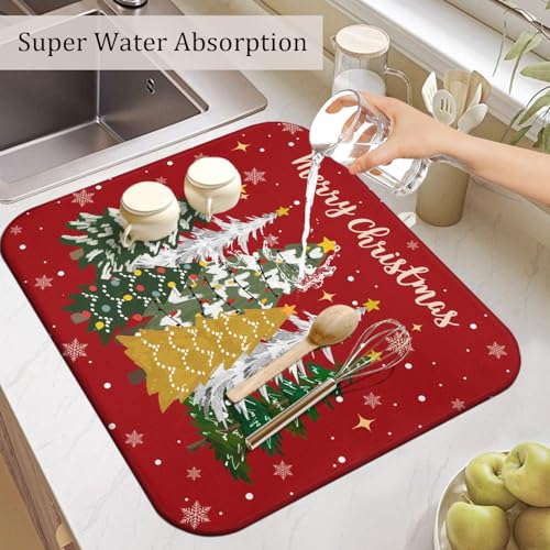 Christmas Kitchen Dish Drying Mat 16x18 Inches, Red Snowflake Tree Pattern, Absorbent Microfiber, Festive Holiday Countertop Mat