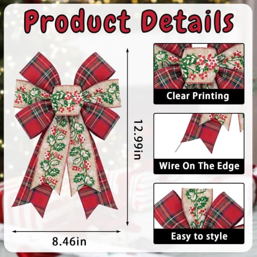 2-Pack Red Green Plaid Christmas Wreath Bows for Front Door Decor