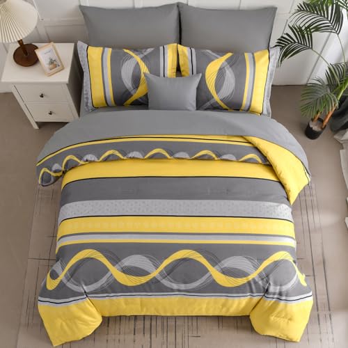 Queen Bed in a Bag Comforter Set - 8-Piece Yellow Patchwork Striped Boho