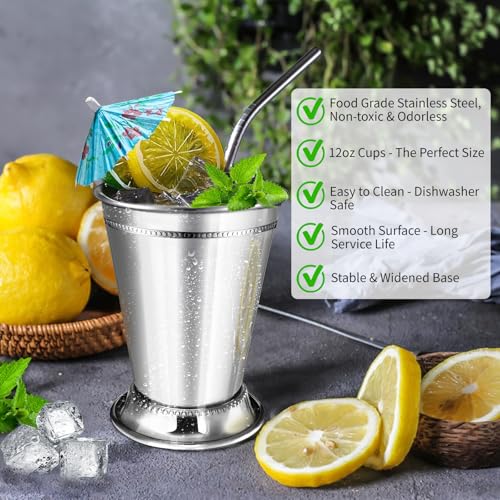 LAIAMER 6 Sets Mint Julep Cups Stainless Steel 12 OZ with Straws & Cocktail Picks