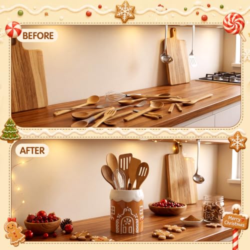 6.3" Gingerbread House Ceramic Utensil Holder, Christmas Kitchen Crock
