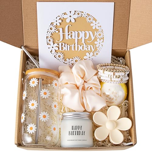 Birthday Gift Box for Women with Daisy Glass Cup, Candle, and Bath Set