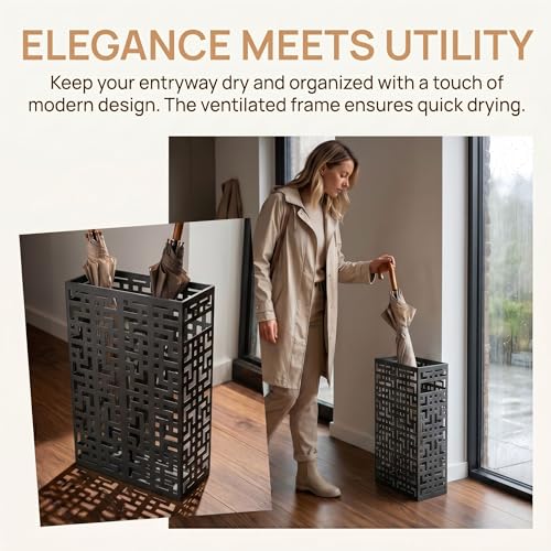 Metal Umbrella Stand for Entryway - Modern Hollow Storage Bin, Black