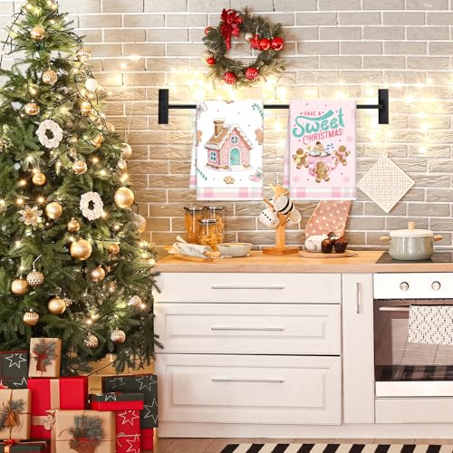 Gingerbread Pink Christmas Kitchen Towels Set of 6 - Holiday Housewarming Gift